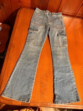 Kids Blue Flared Cargo Jeans with Utility Pockets